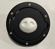 Load image into Gallery viewer, Jack Skellington Full Round Skull in 3D - Black with White Jeep Wrangler JK/JKU Flag Gas Cap Cover - Nightmare Before Christmas