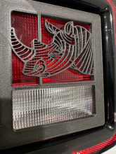Load image into Gallery viewer, Rhinocero Rhino Dinosaur in 3D - Black Jeep Wrangler JK/JKU/JL Rear Tail Light Covers (2019-2024) non Led Version - Gone Fishing