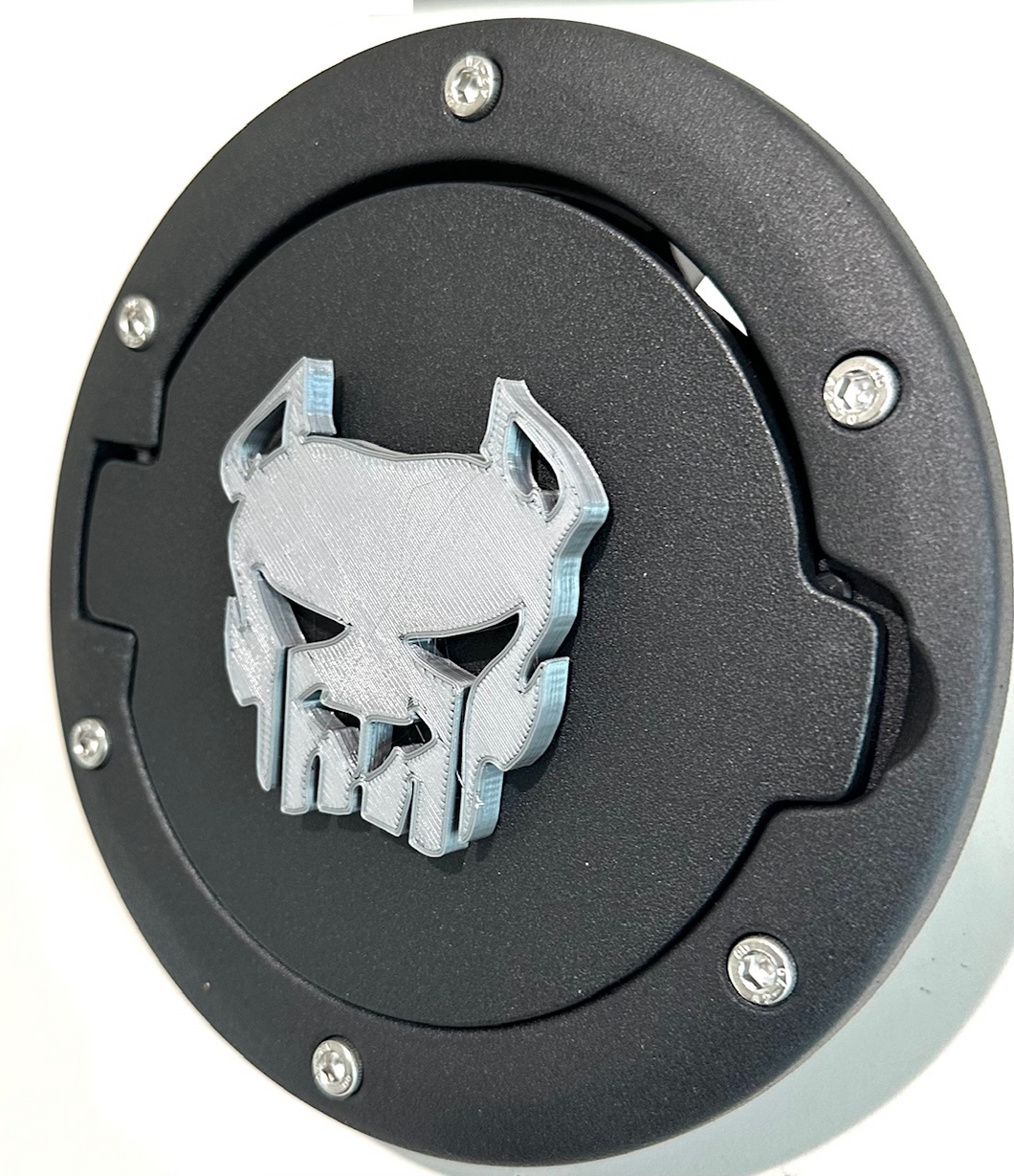 Aggressive Pitbull Punisher Style in 3D - Black with Grey Jeep Wrangler JK/JKU Flag Gas Cap Cover -Wag More Skull
