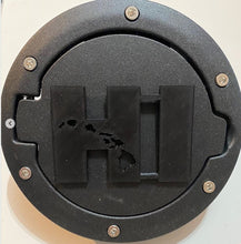 Load image into Gallery viewer, Hawaii &quot; HI &quot; BOLD with Island - Black with Grey Jeep Wrangler JK/JKU Flag Gas Cap Cover
